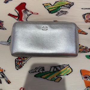 Chanel Silver Metallic Zip Around Wallet